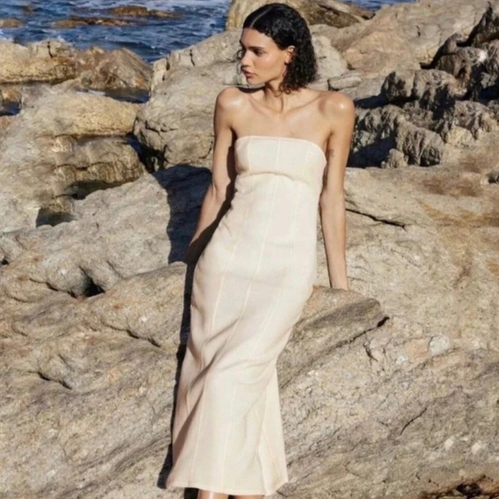 ZARA Women's Textured‎ Strapless Midi Dress in Cream Size XXL